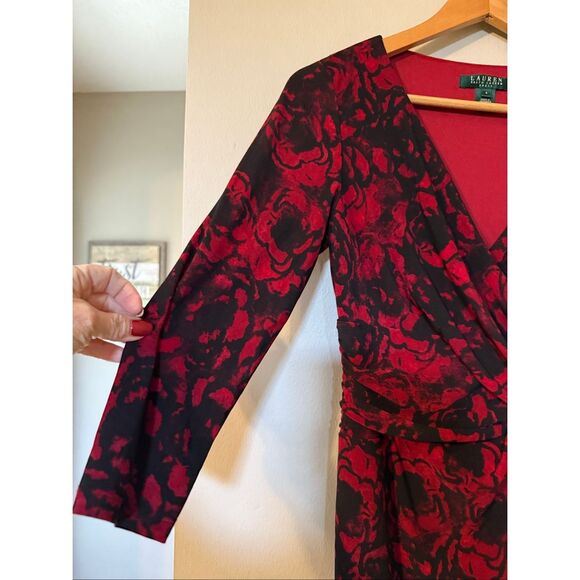 Ralph Lauren 4 Knee Length Crossover Dress Red Black Floral Victorian Cocktail - Picture 3 of 10